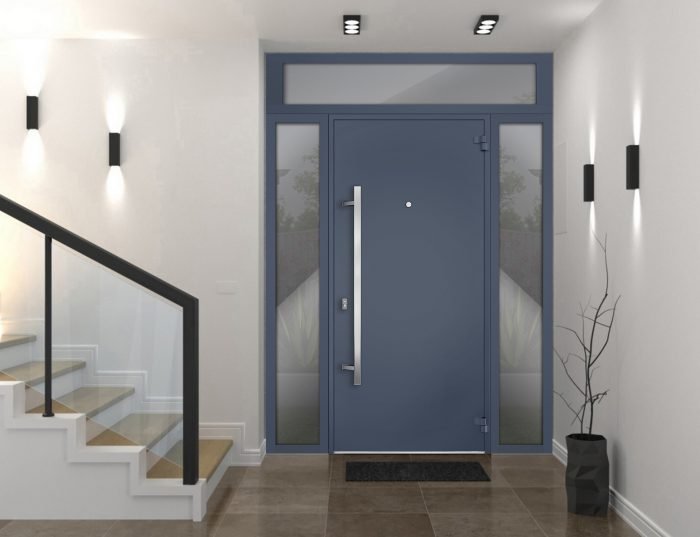 gray entry door with 2 sidelites and transom