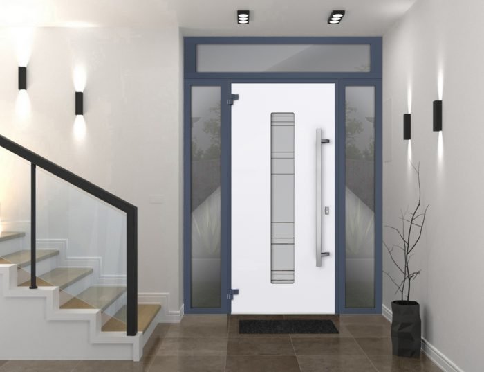 white entry door with 2 sidelites and transom