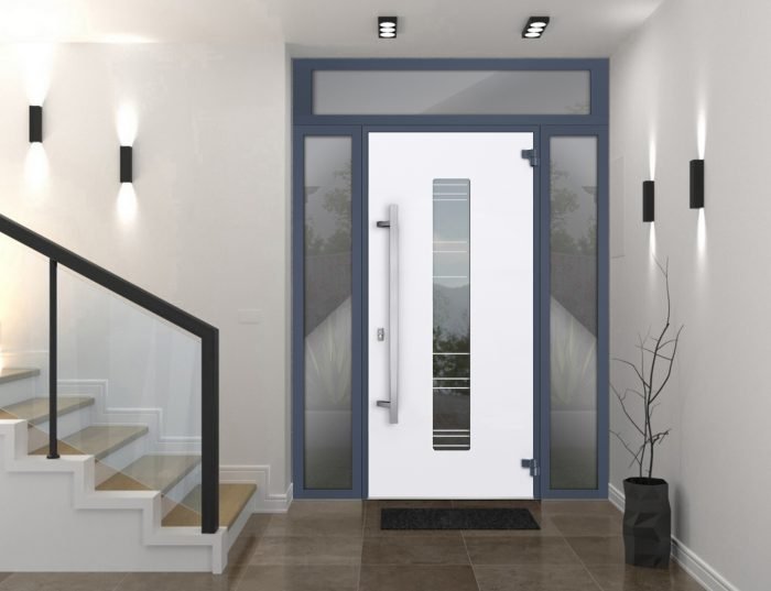 gray entry door with 2 sidelites and transom