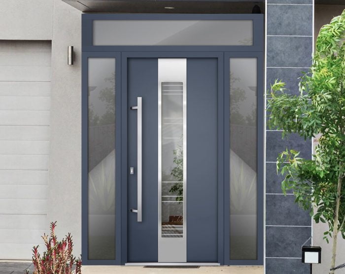 gray entry door with 2 sidelites and transom