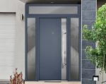 gray entry door with 2 sidelites and transom