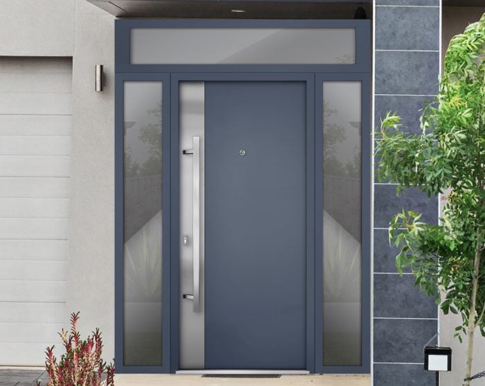 gray entry door with 2 sidelites and transom