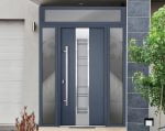 gray entry door with 2 sidelites and transom