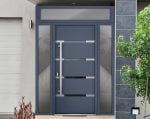 gray entry door with 2 sidelites and transom