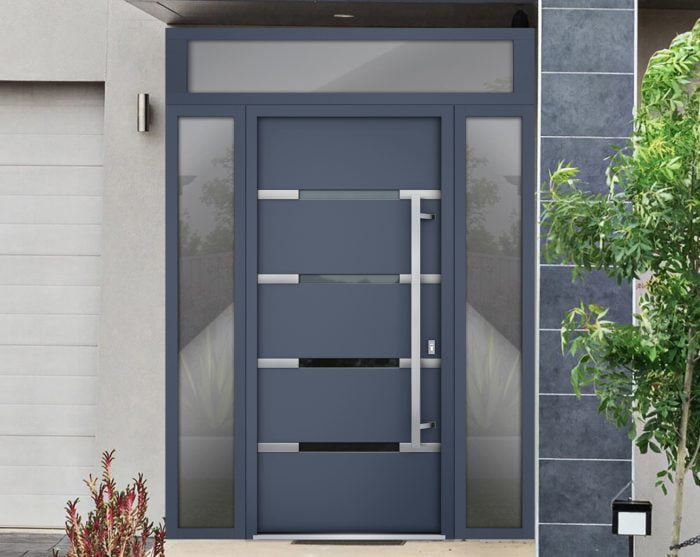gray entry door with 2 sidelites and transom