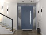 gray entry door with 2 sidelites
