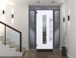 gray entry door with 2 sidelites