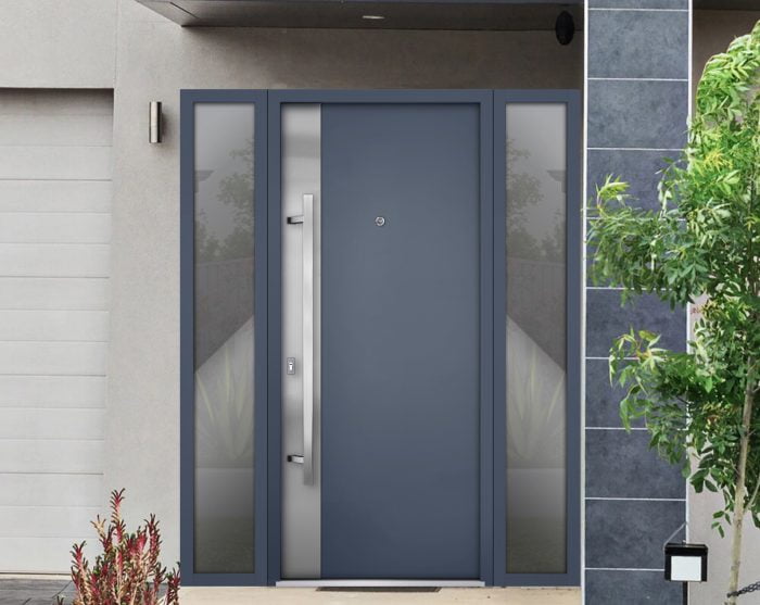 gray entry door with 2 sidelites