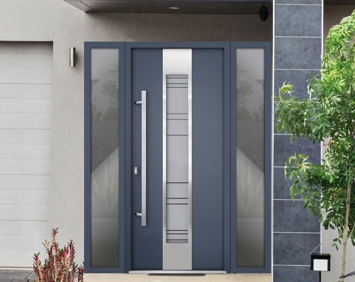 gray entry door with 2 sidelites