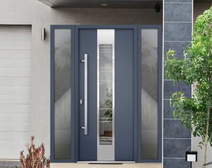 gray entry door with 2 sidelites