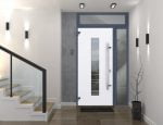 gray entry door with sidelite and transom