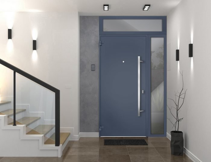 gray entry door with sidelite and transom