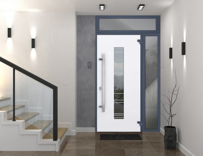 gray entry door with sidelite and transom