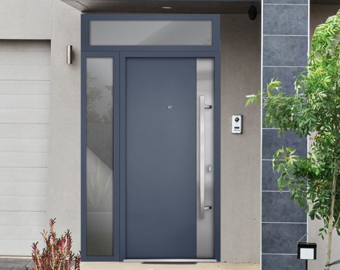 gray entry door with sidelite and transom