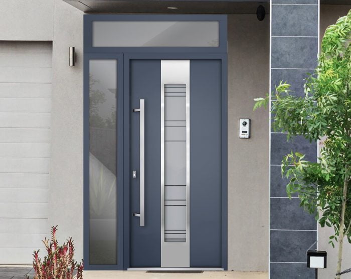 gray entry door with sidelite and transom