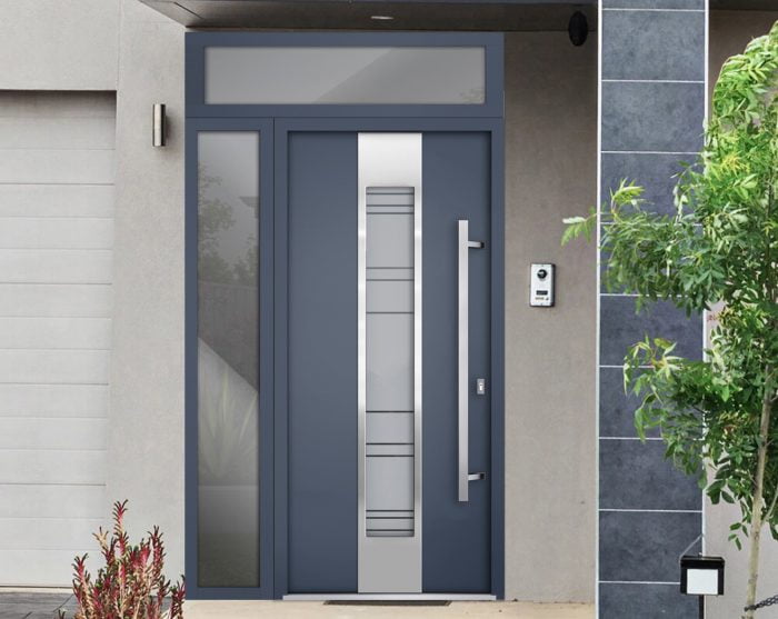 gray entry door with sidelite and transom