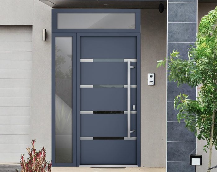 gray entry door with sidelite and transom