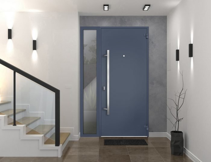 gray entry door with sidelite