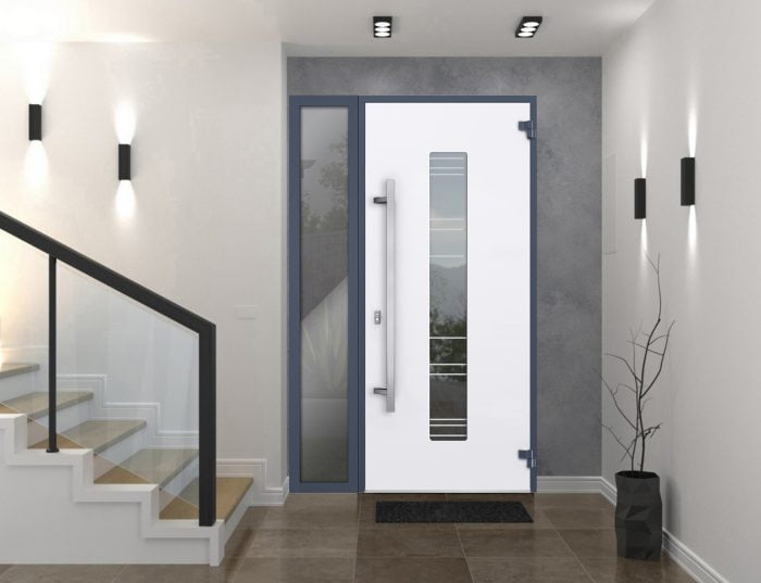 gray entry door with sidelite and transom