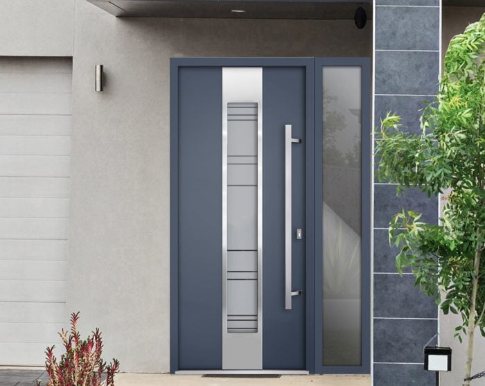 gray entry door with sidelite