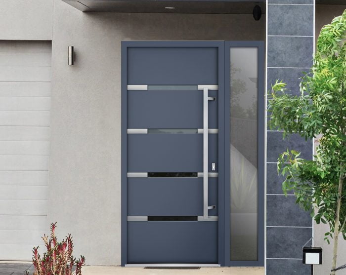 gray entry door with sidelite