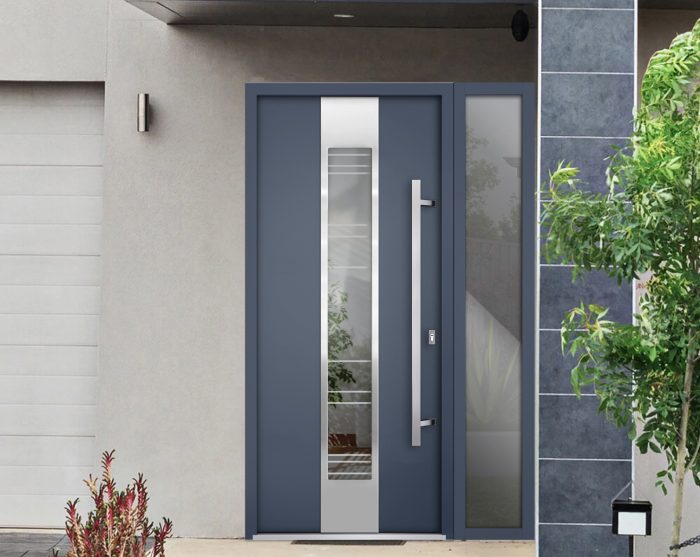 gray entry door with sidelite and transom