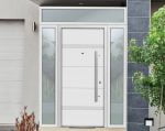 white entry door with 2 sidelites and transom