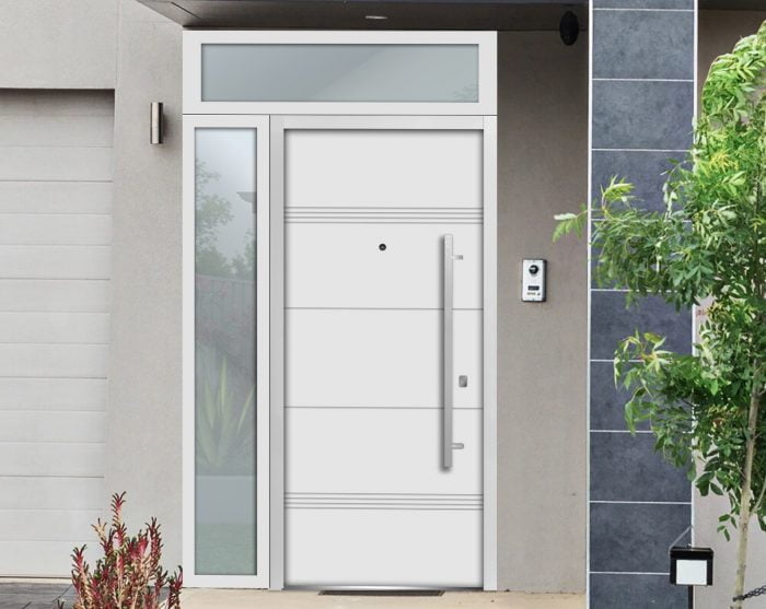 white entry door with sidelite and transom