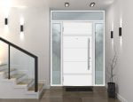 white entry door with 2 sidelites and transom