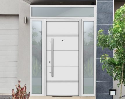 white entry door with 2 sidelites and transom