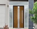 oak entry door with 2 sidelites and transom