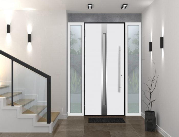 white entry door with 2 sidelites
