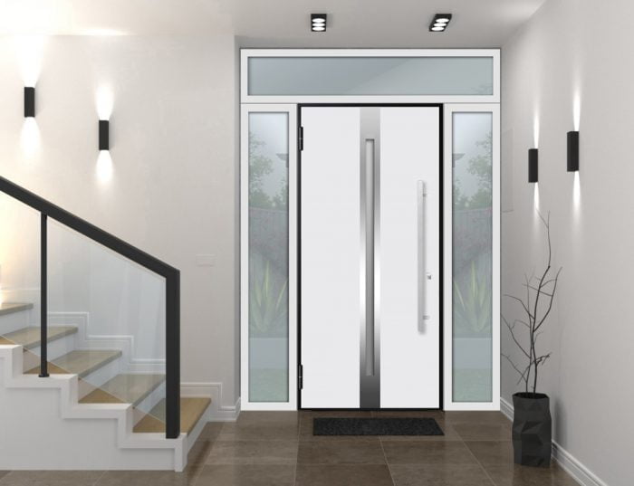 white entry door with 2 sidelites and transom