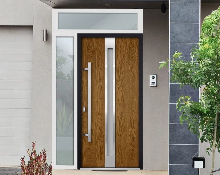 oak entry door with sidelite and transom