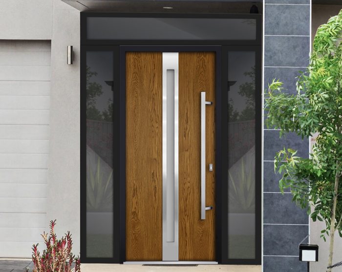 oak entry door with 2 sidelites and transom