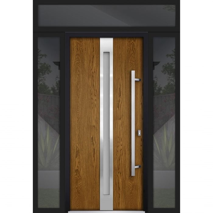 oak entry door with 2 sidelites and transom