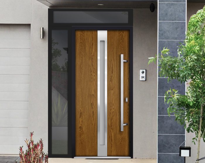 oak entry door with sidelite and transom