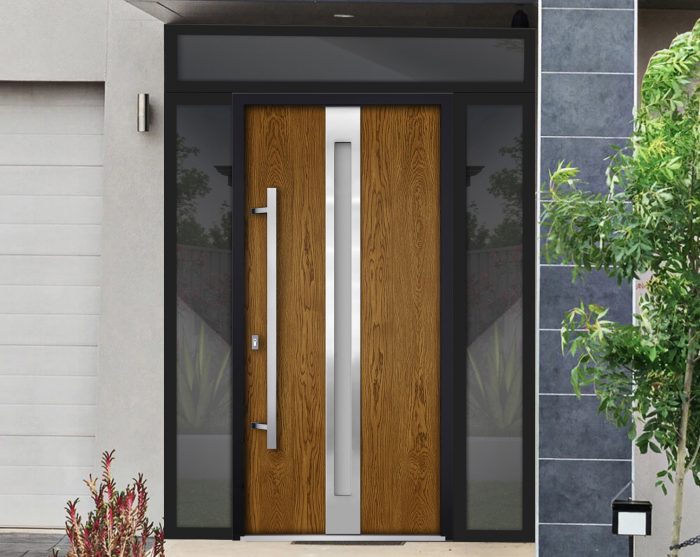 oak entry door with 2 sidelites and transom