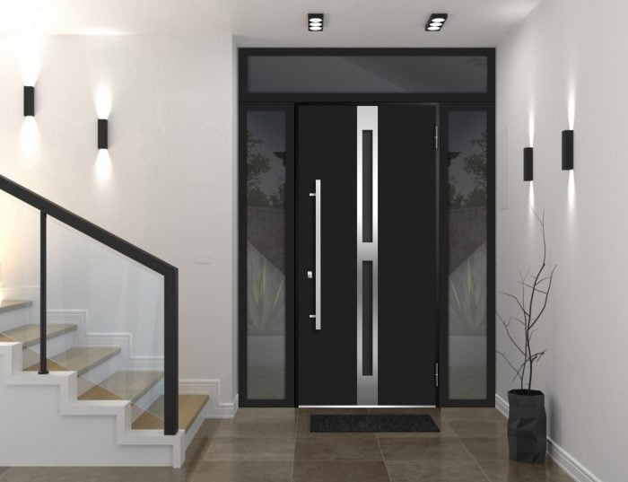 black entry door with 2 sidelites and transom