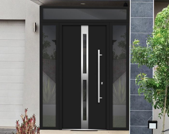 black entry door with 2 sidelites and transom