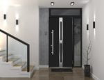 black entry door with sidelite and transom