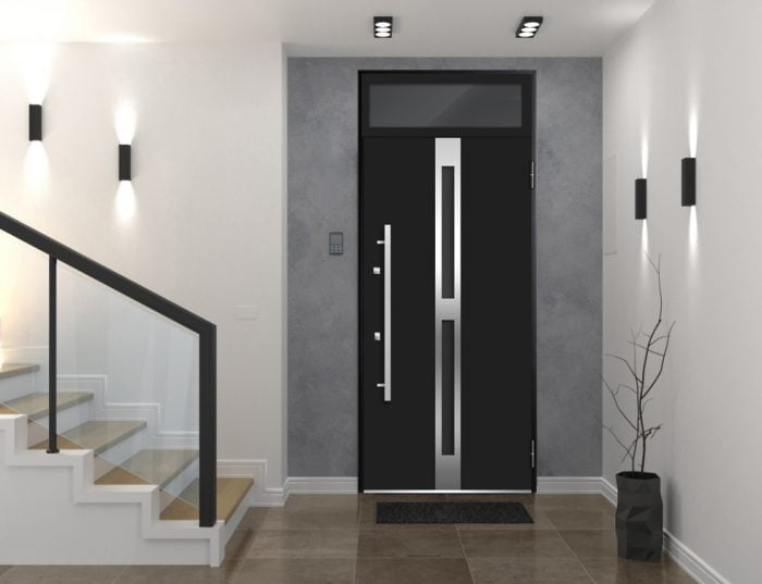 black entry door with transom