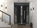 black entry door with 2 sidelites and transom