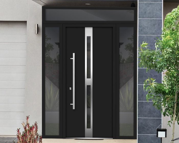 black entry door with 2 sidelites and transom