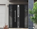 black entry door with 2 sidelites