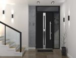 black entry door with sidelite and transom