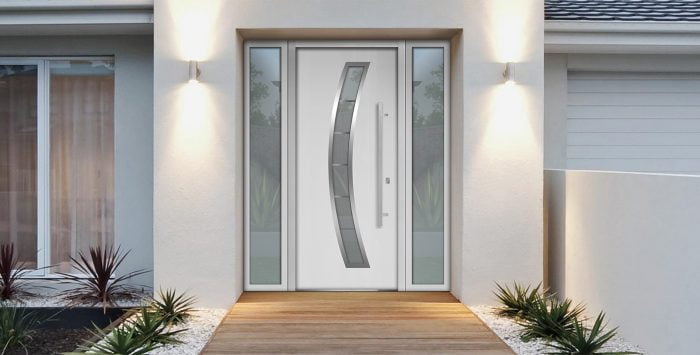 white entry door with 2 sidelites