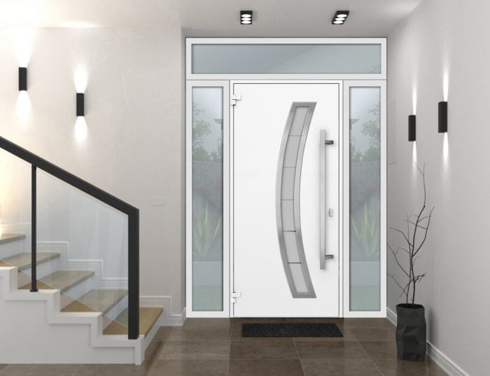 white entry door with 2 sidelites and transom