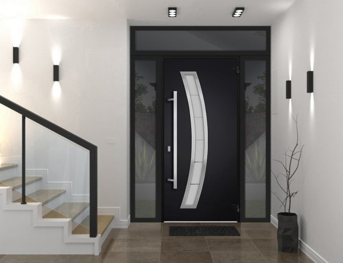 black entry door with 2 sidelites and transom