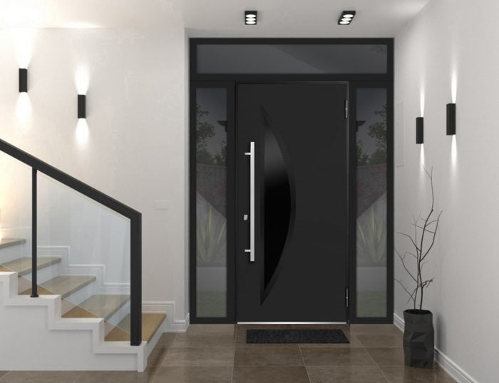 black entry door with sidelites and transom